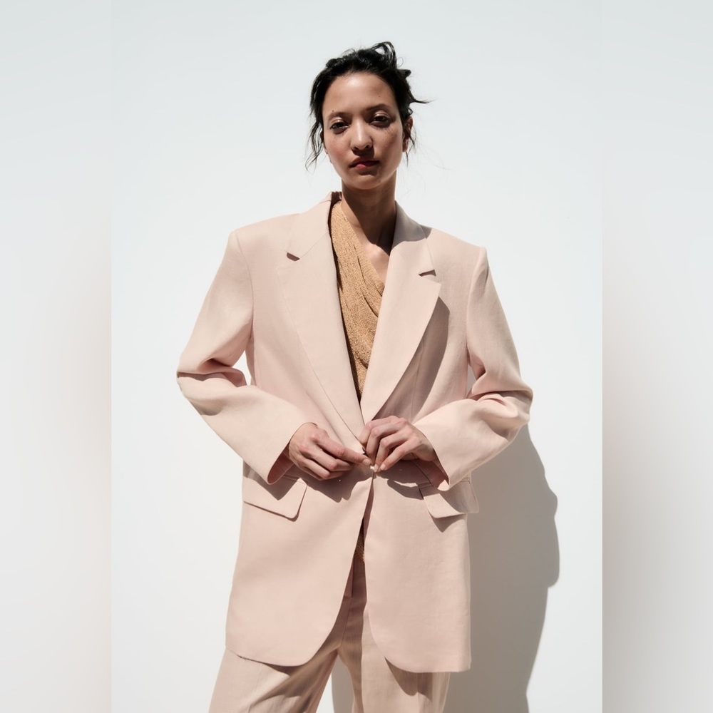 ZARA Linen Straight Classic Blazer/Jacket Beige Pink Size Small NEW